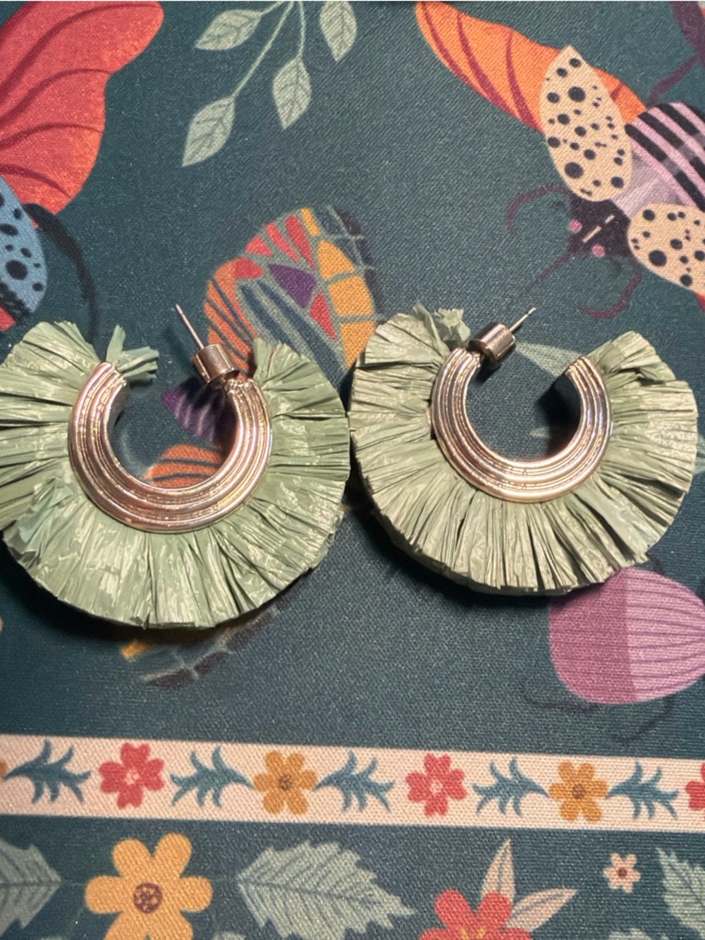 Handcrafted Green Raffia Hoop Earrings with Gold-Tone Accents